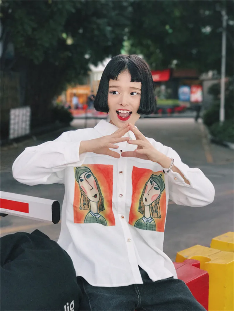 Woherb Весенняя женская новая рубашка Kawaii С мультяшным принтом, свободная Вельветовая блузка с длинными рукавами, Модные Простые Топы 73752