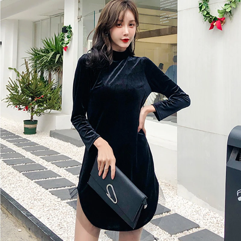 French Style Egg Women Dress Long Sleeve Stand Collar Mini Black Velevt Brand Designer Runway Elegant Party Vestidos | Женская одежда