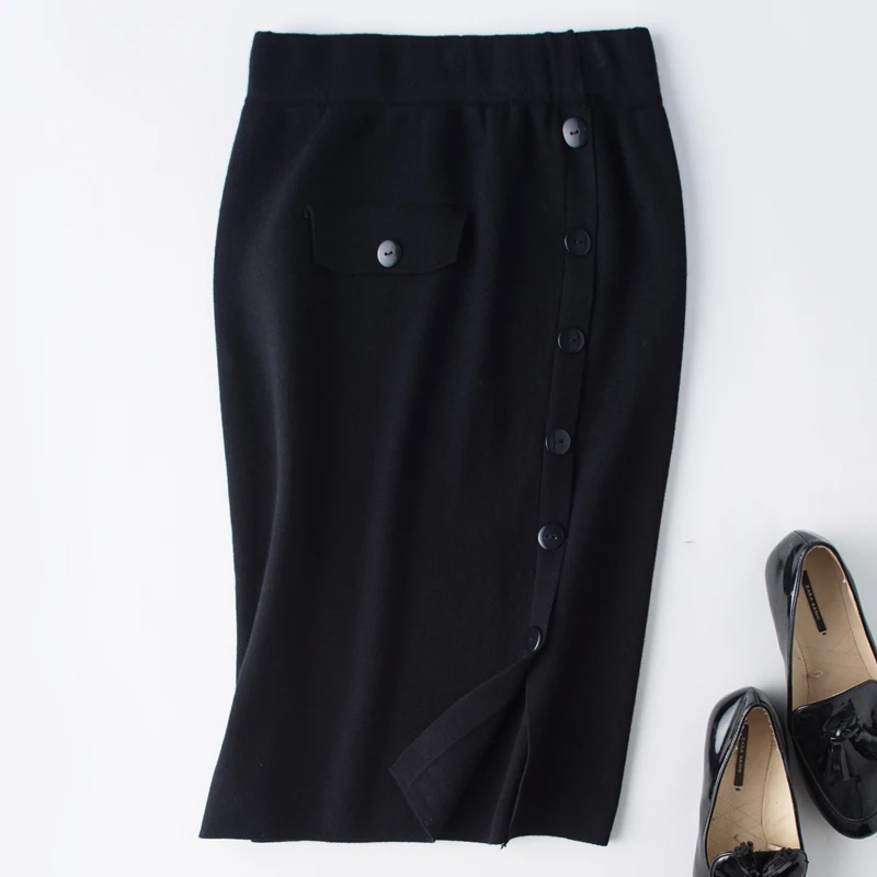 AreMoMuWha New Spring Autumn Vintage Solid Knitting Skirt Women Work Wear High Waist Skirts Elegant All-Match Button Mh092 | Женская