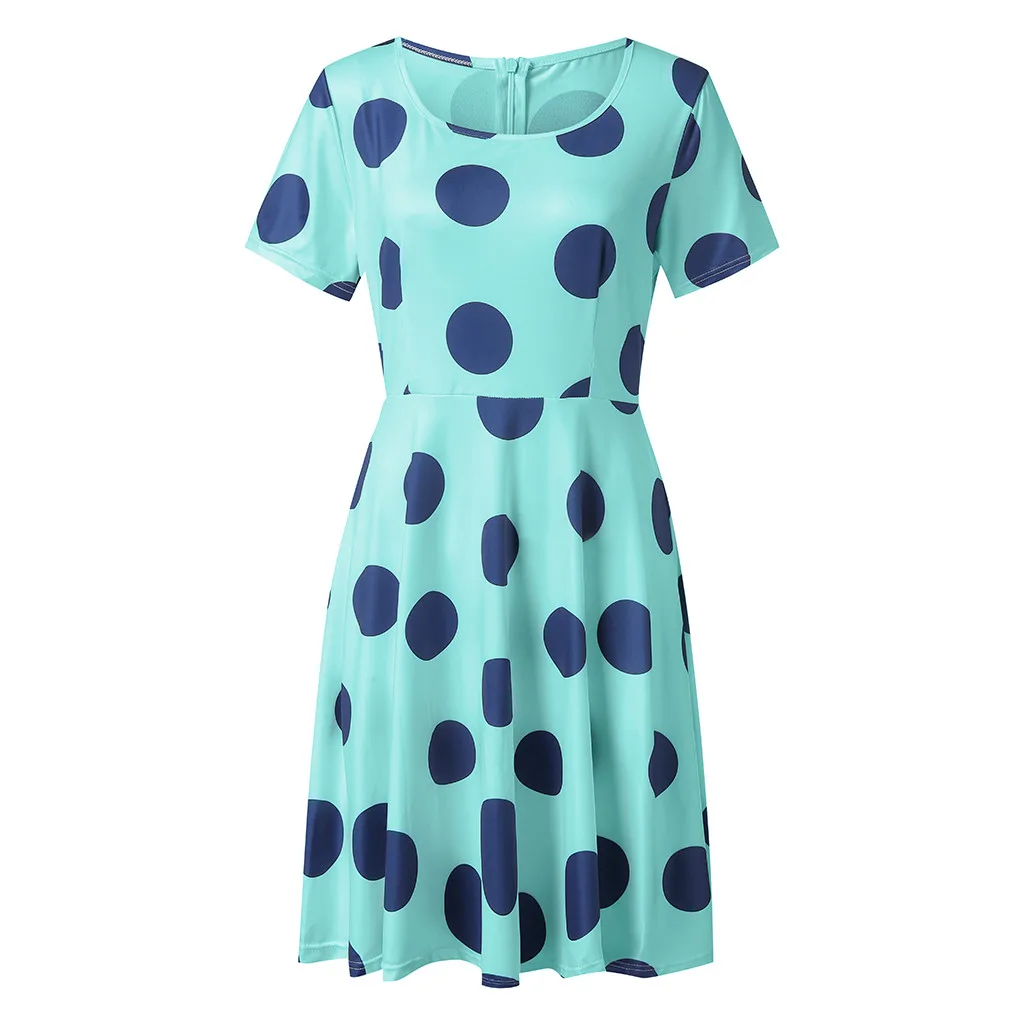 Light blue Feitong, женское летнее милое платье с круглым вырезом, женское платье с коротким рукавом, в горошек, с высокой талией, гофрированное летнее платье, женское платье - Цвет: Light blue