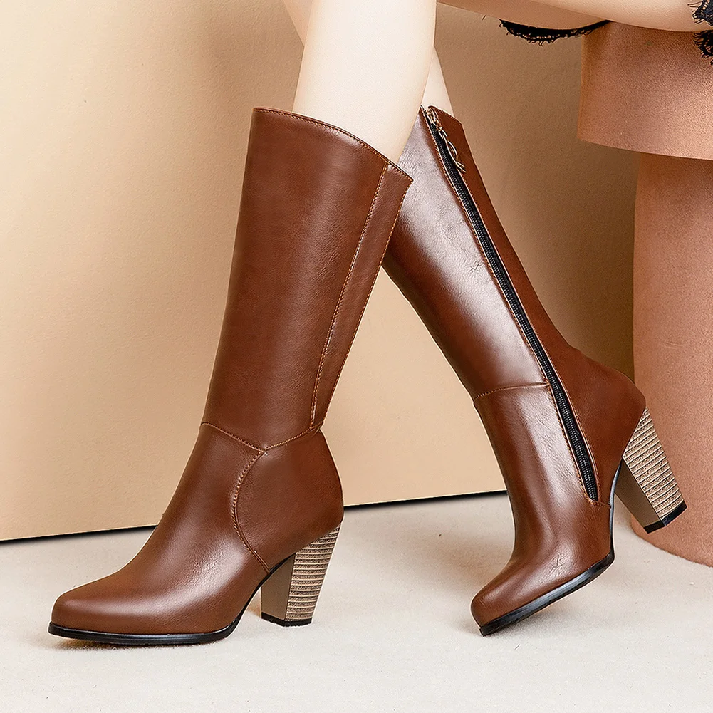 KARINLUNA Mid Calf Boots Woman Wholesale Concise Round Toe Zip High Heels Shoes Autumn Winter Boots Woman Plus Size 34-52