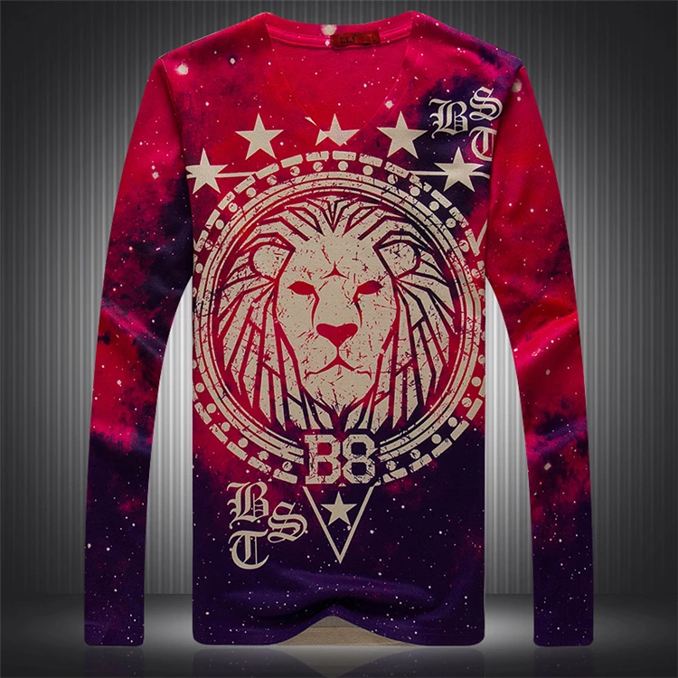 Personality lion head pattern digital printing boutique long sleeve t shirt Autumn top quality cotton t shirt men Red M-3XL