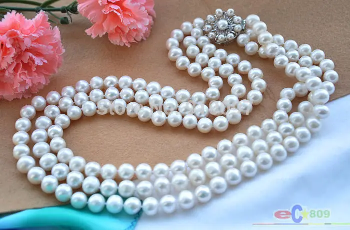 &gt&gt&gt3ROW 22&quot 8-9mm ROUND WHITE FRESHWATER PEARL NECKLACE | Украшения и аксессуары