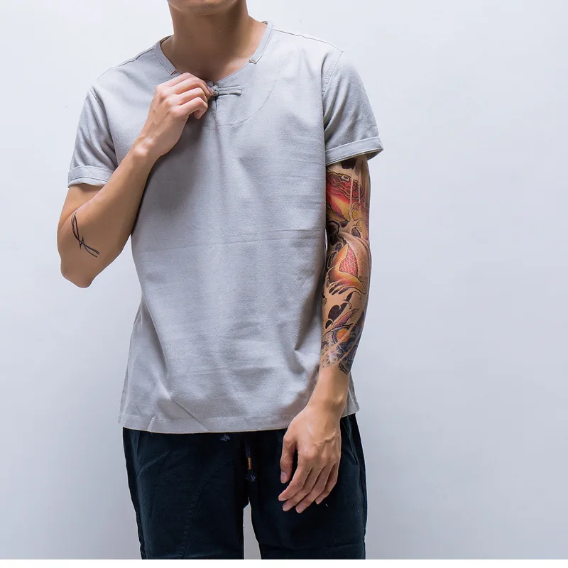 Рубашка мужская из хлопка и льна модный топ с коротким рукавом круглым вырезом