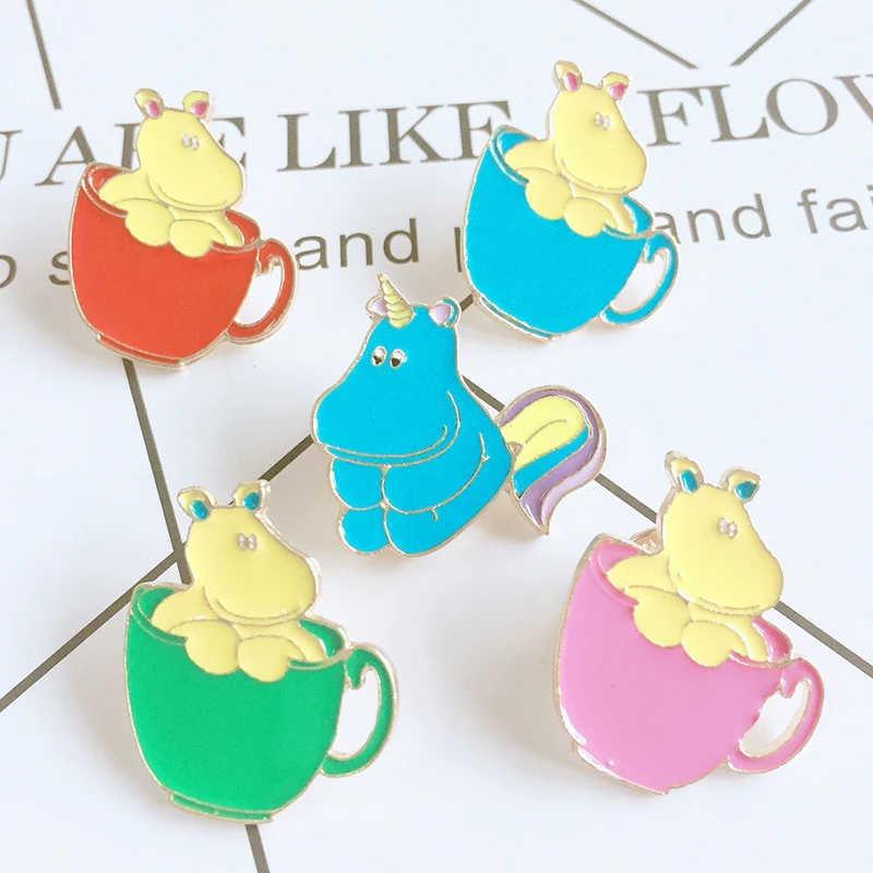 

XEDZ jewelry new 5 color creative cartoon hippo sleeping in the cup metal brooch neutral accessories jewelry wholesale