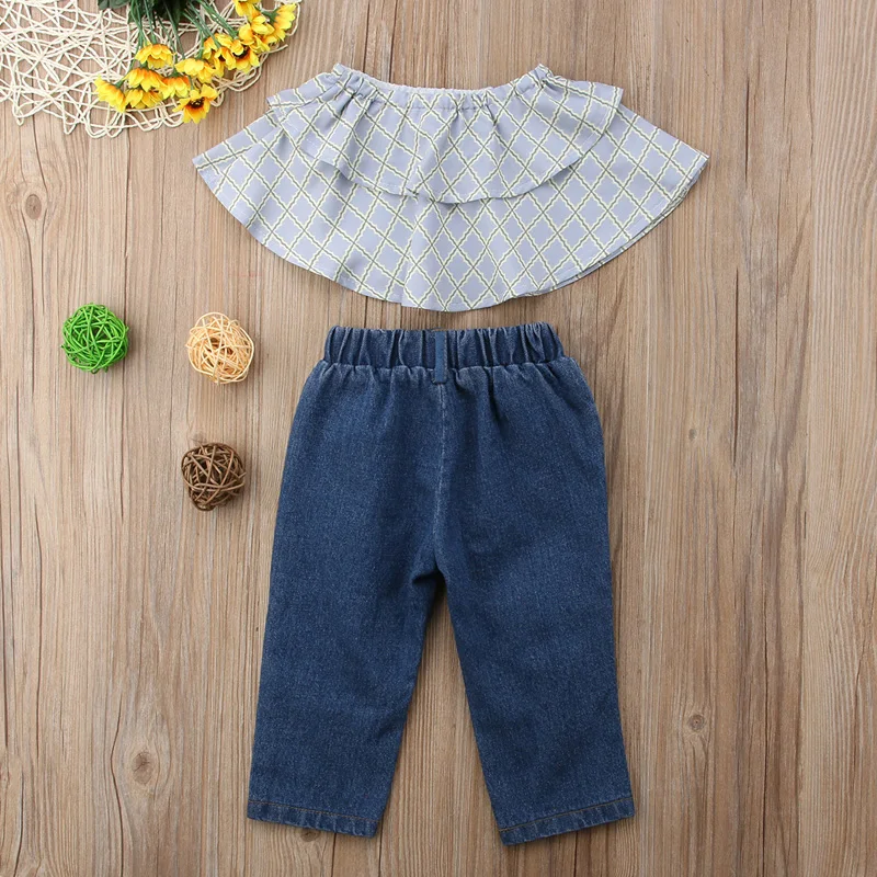 Топ и штаны для девочек синие джинсовые комплекты из 2 предметов жилет с