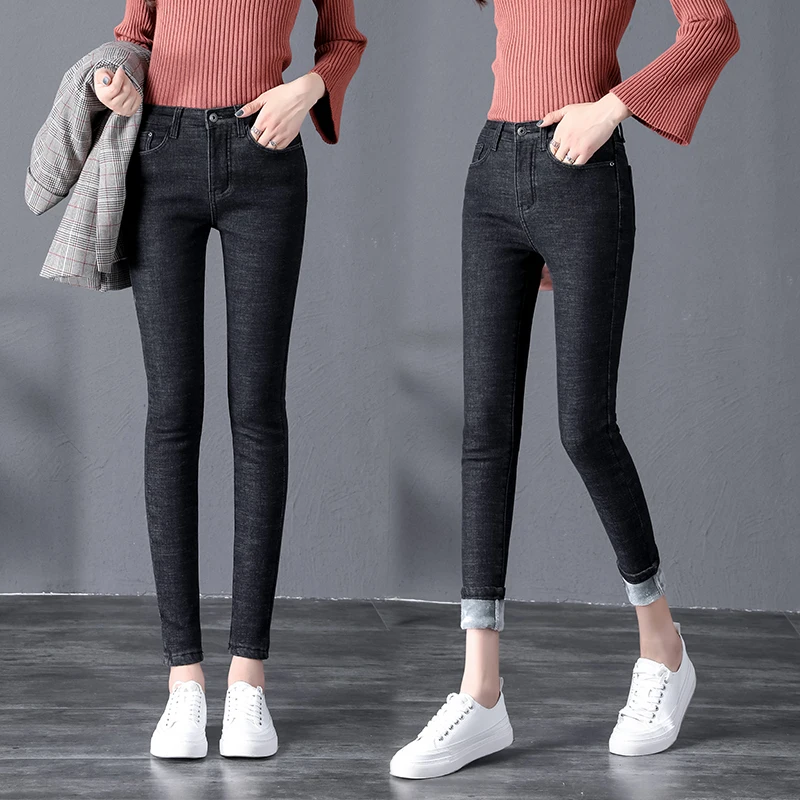 Thick Femme Jeans Winter Warm Denim Blue Trousers Plus Size 32 Black Pantalon Mom Push Up Sexy Skinny | Женская одежда