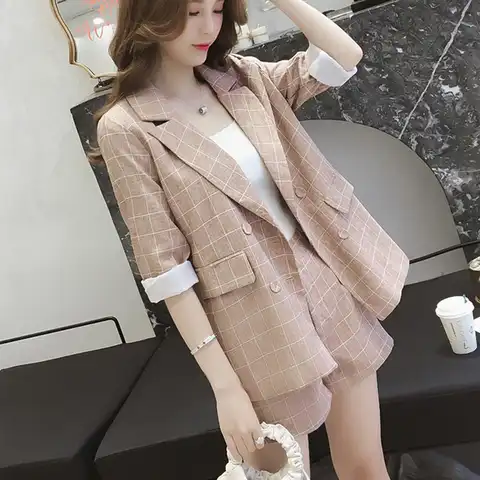 Пиджак и шорты женский в клетку, элегантный костюм из двух предметов, блейзер в Корейском стиле, Одежда большого размера l6, весна-лето 2021