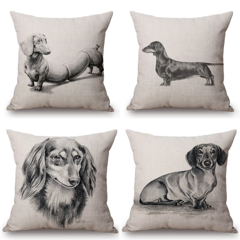 

Black White Sketch Dachshund Dog Print Suqare Pillowcase Decorative Cushion For Sofa Home Decor Sausage Nordic Cushion Cover