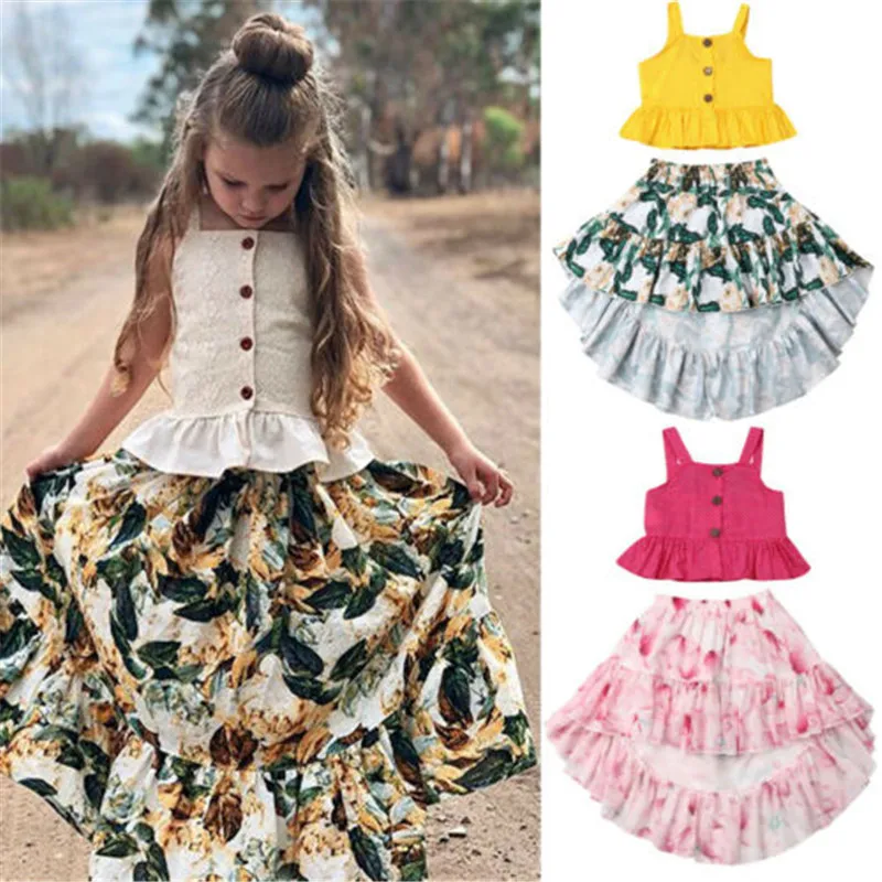 

1-6 Year's Children Clothing Fashion Baby Girl Suspenders Sleeveless Crop Tops T-shirt Floral Printed Skirt Beach Party Clothes