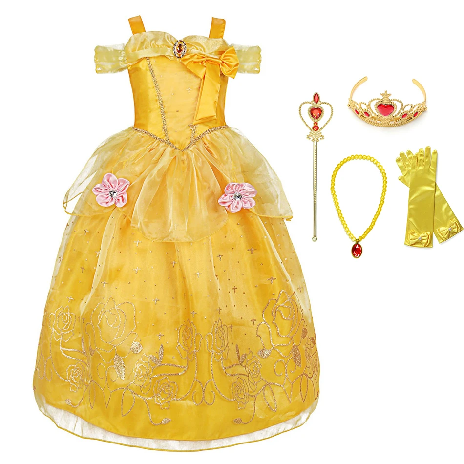 Dress Set2 Детское платье принцессы Белль для девочек; карнавальный костюм; Красавица и Чудовище; бальное платье с цветами; детское нарядное платье на Хэллоуин для девочек - Цвет: Dress Set2