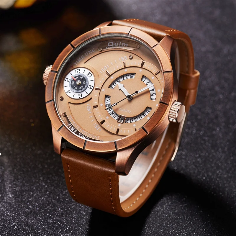 

Oulm Cool Design Two Time Zone Watcges Men Top Brand Luxury Male Quartz Calendar Watch Casual Men's Military Wristwatch