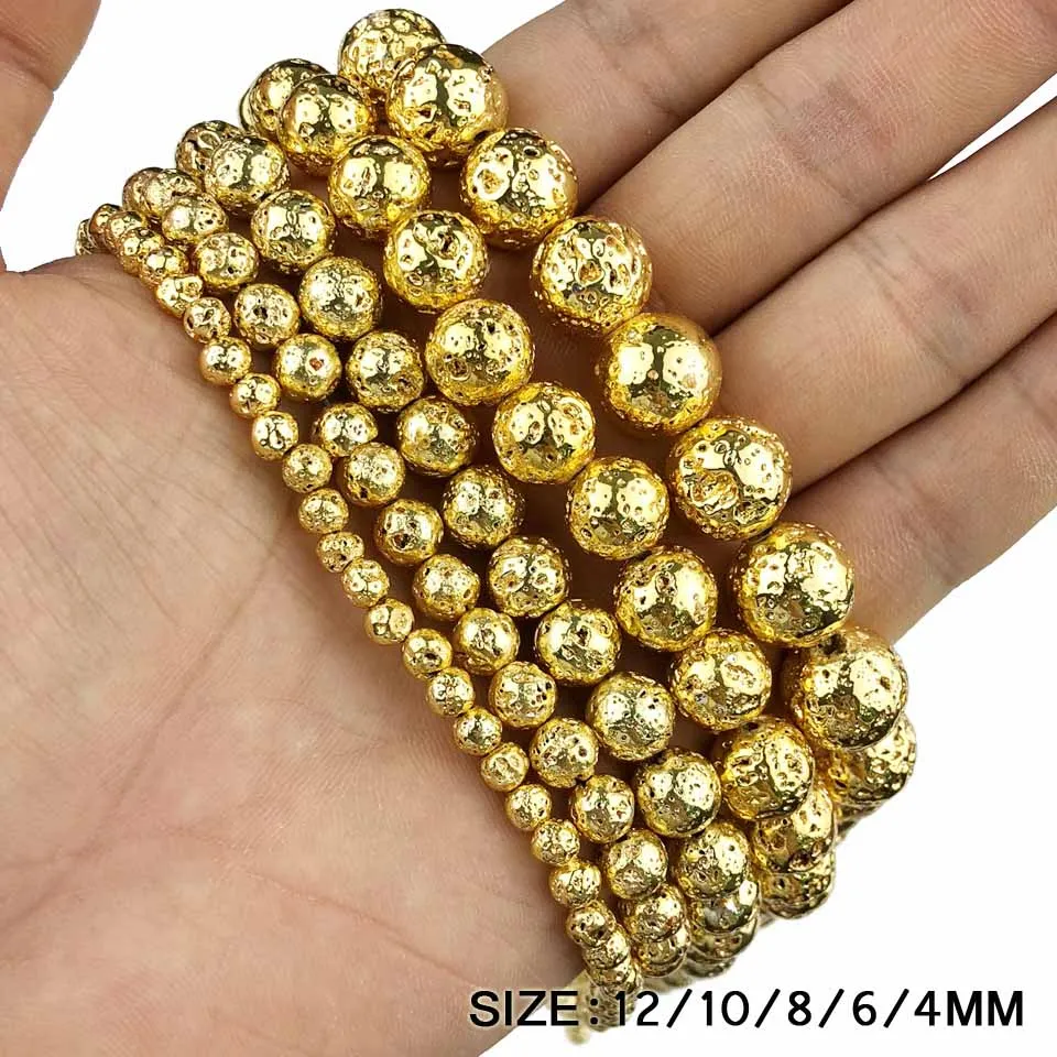 18K Gold Plated JHNBY серебряный, черный, серьги из розового золота с натуральным вулканического камня Hematit 4/6/8/10/12 мм круглые бусины для изготовления ювелирных изделий браслет и ожерелье ювелирных изделий DIY - Цвет: 18K Gold Plated