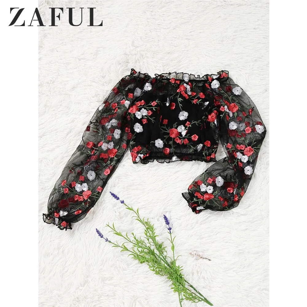 ZAFUL Блуза с открытыми плечами вышитая прозрачная блузка топом трусики женские