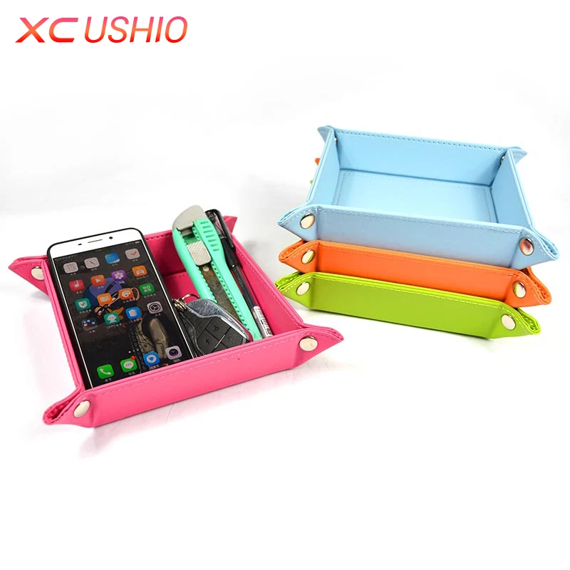 Creative Folding PU Leather Storage Box Desk Covered Button Tray Portable Home Office Small Change Organizer Box|organizer box|storage boxleather