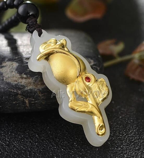 Beautiful Natural White Hetian Jade + 18K Solid Gold Inlaid Cute Rose Flower Amulet Lucky Pendant Free Necklace Fine Jewelry | Украшения и