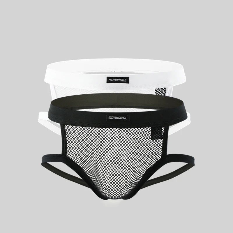 Мужские стринги из сетчатой ткани Cueca черные дышащие в сетку эротические двойные