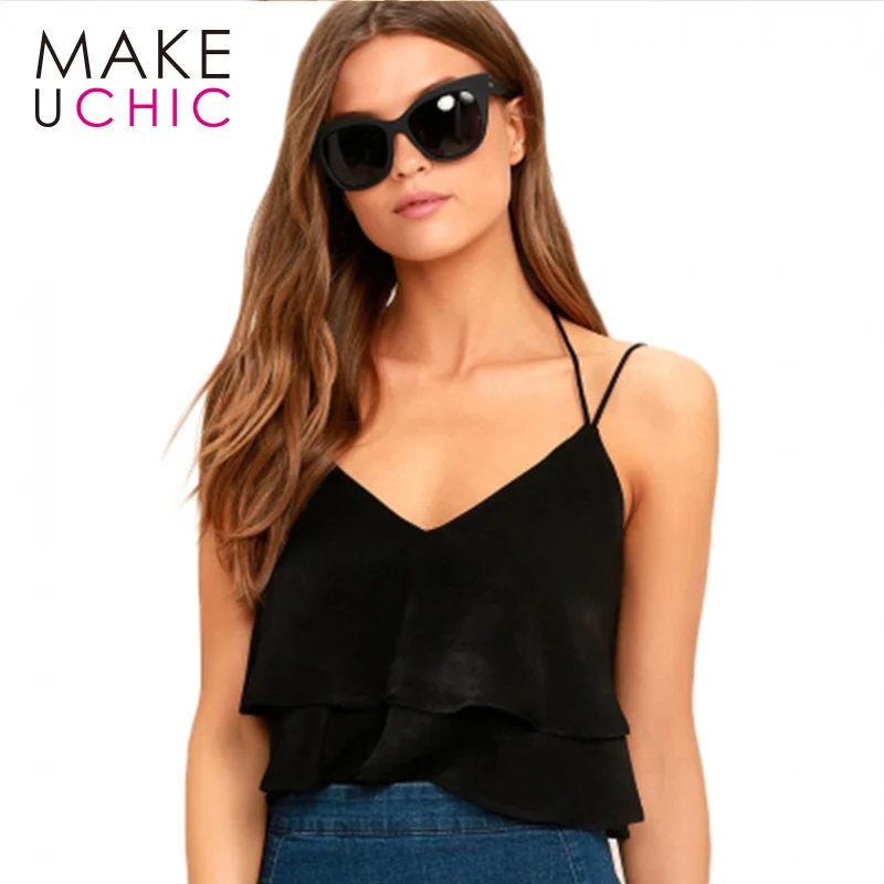 MAKEUCHIC 2017 Sexy Off Shoulder Strap Women Camis Backless Ruffles Brief Crop Tops Casual Chic V Neck Female Summer Tank|top casual|crop top