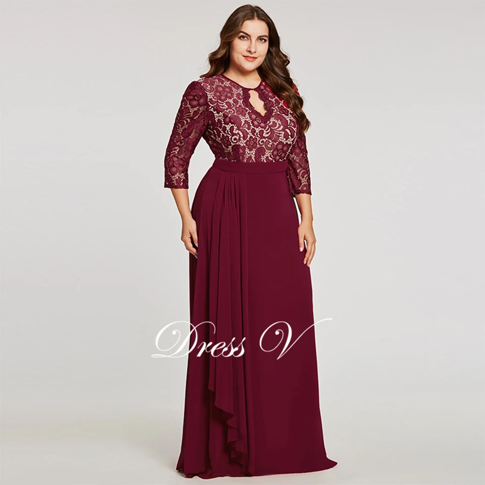 Dressv бордовое вечернее платье с глубоким вырезом, элегантное платье с 3/4 рукавами, а-образная линия, на пуговицах, свадебное вечернее платье, кружевное вечернее платье es