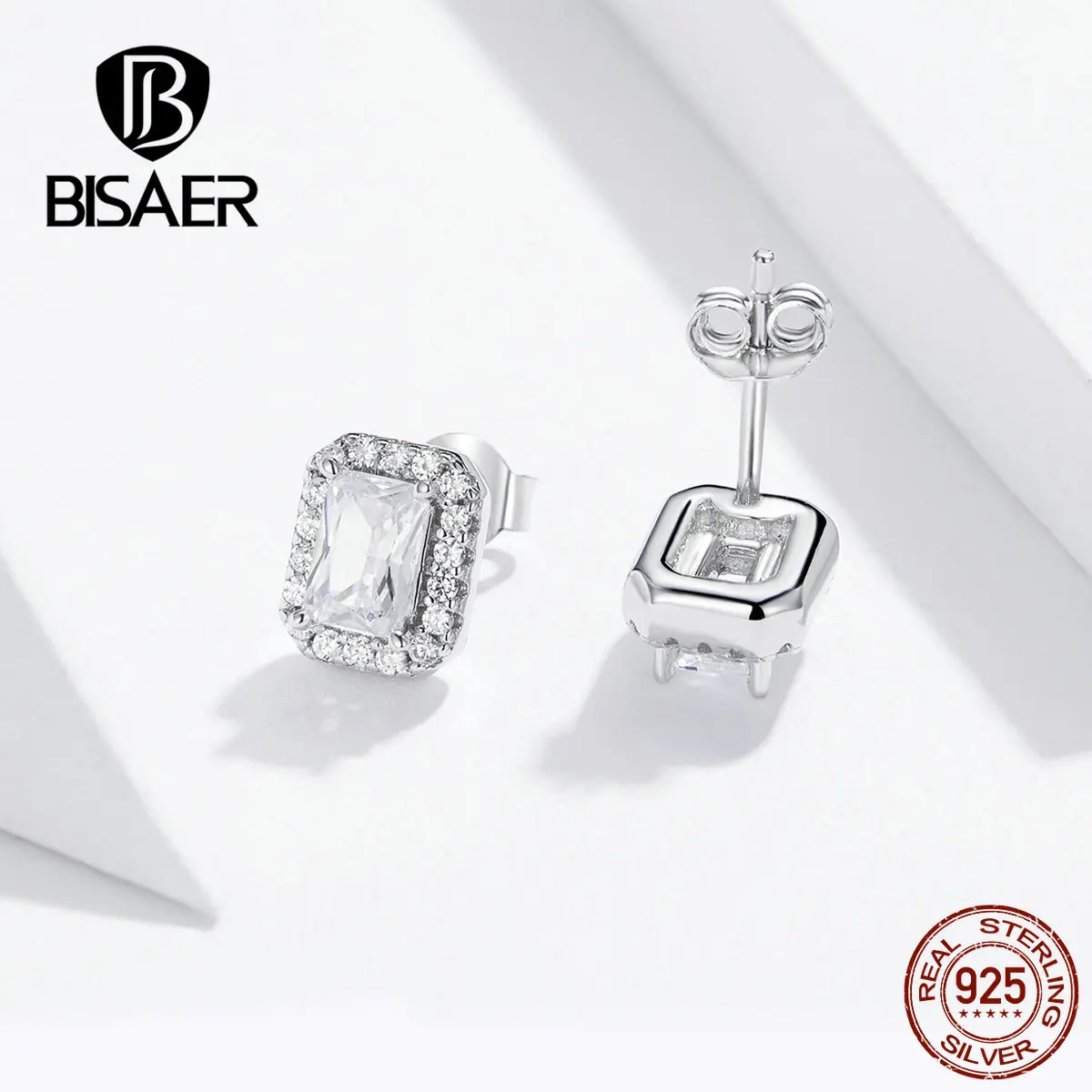 Bisaer классика квадратные серьги 925 пробы серебро световой кубический циркон квадратные серьги для Для женщин Роскошные ювелирные изделия EFE195