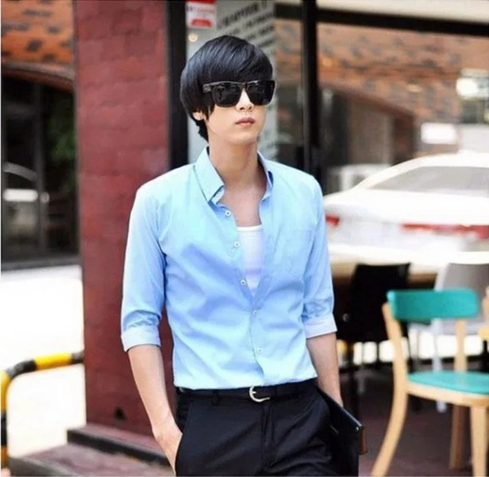 2014 Men Jeans Shirt Slim Brand Fashion Stylish Dress Mens Half Sleeve Shirts Patchwork Gentleman Cardigans 3Colors AX7 | Мужская одежда