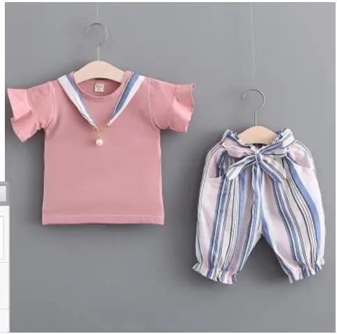Летний комплект одежды для маленьких девочек милая хлопковая Футболка с бантом +