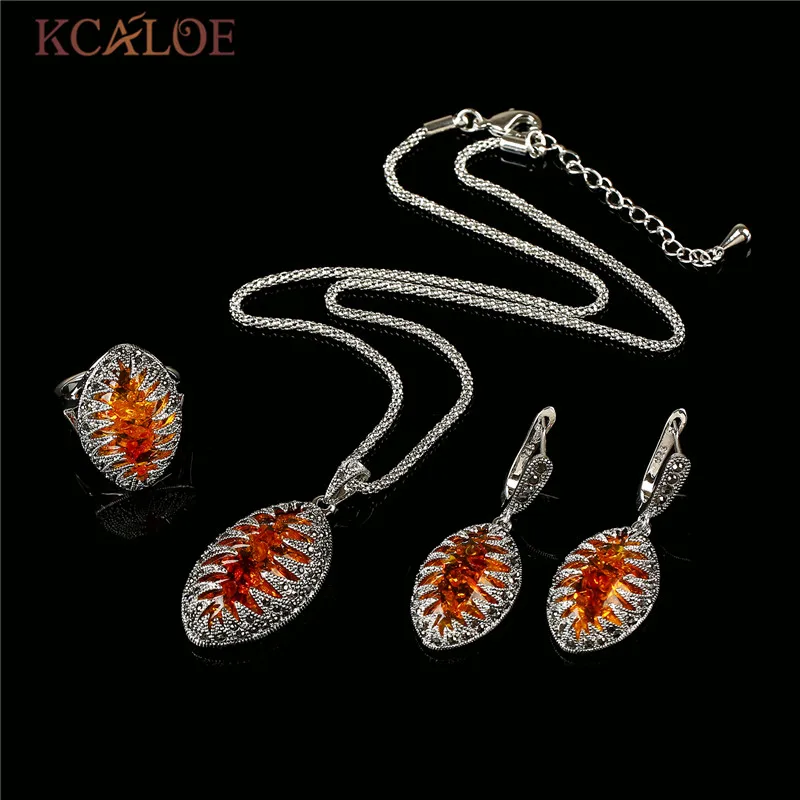 KCALOE ювелирное изделие с красными камнями, наборы, Винтажный серебряный цвет, черные стразы, ожерелье, серьги, кольцо, ювелирные изделия, Parure Bijoux Femme