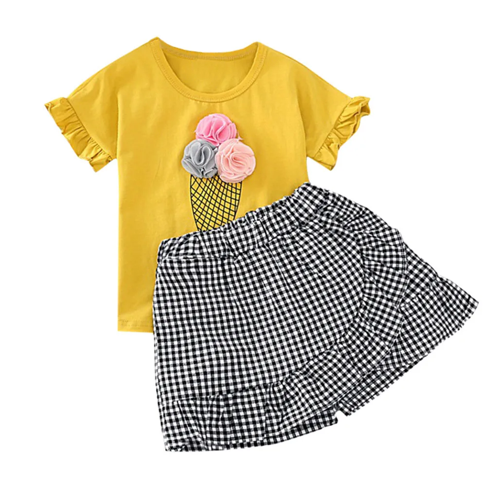 2019 новый комплект одежды для маленьких девочек Футболка с мороженым + клетчатые