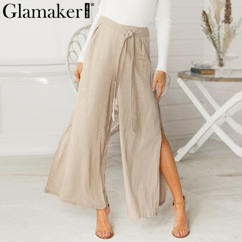 Женские широкие брюки Glamaker летние свободные цвета хаки с разрезами по бокам