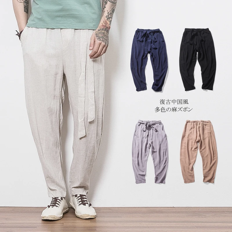 Sinicism Store/размер плюс 5XL хлопковые льняные штаны шаровары Мужские для бега с поясом