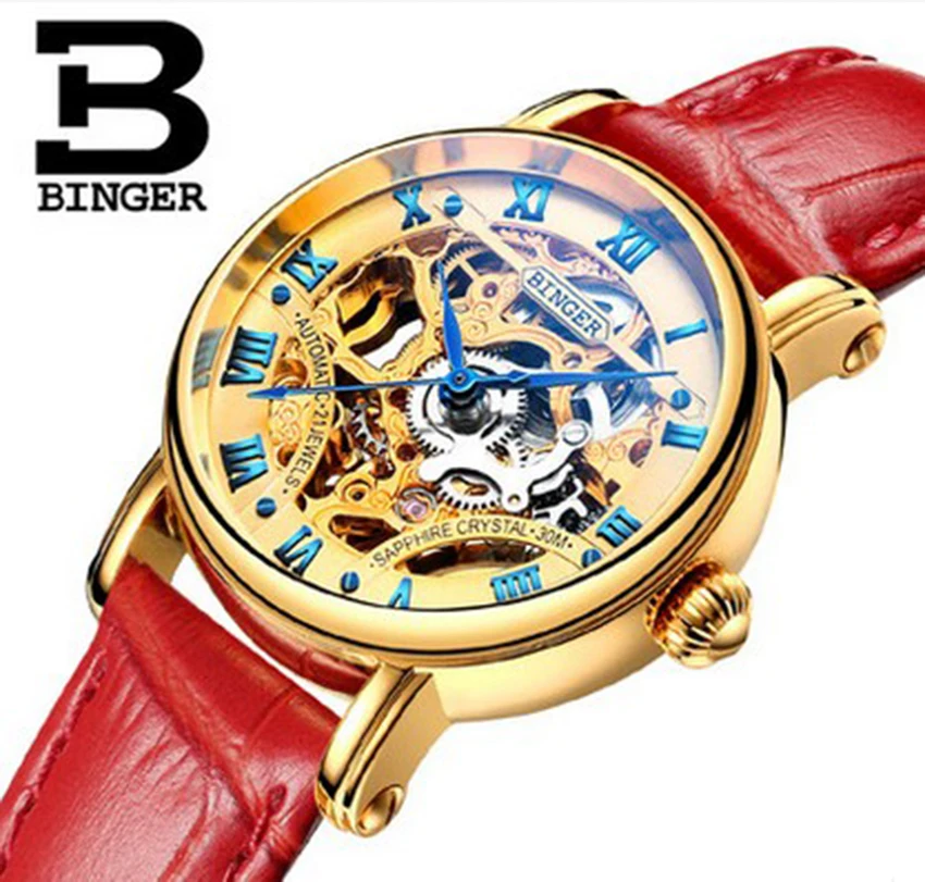 Genuine Luxury BINGER Brand Women skeleton watch mechanical automatic self-wind red leather hollow waterproof male fashion