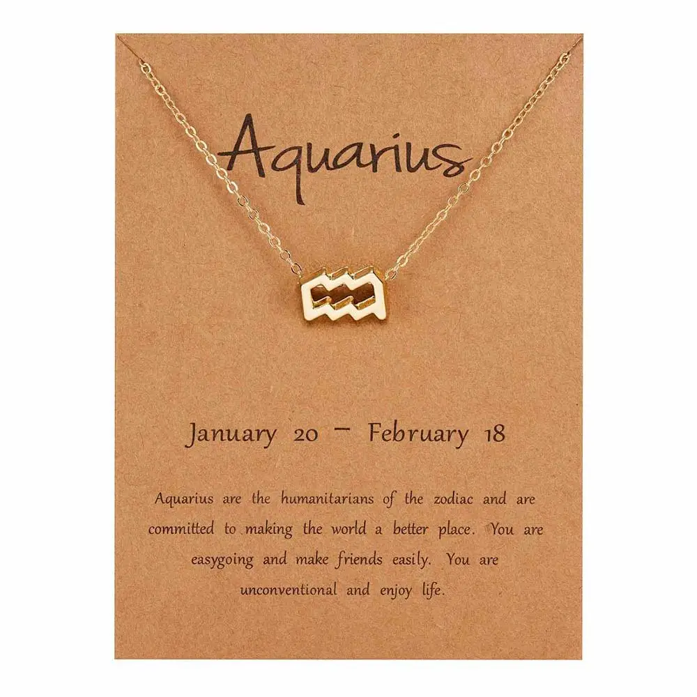 gold Aquarius Rinhoo 12 Constellation Necklace Zodiac Sign necklace with Card Pendant Necklace charm Message Card Birthday Gift for Women Girl - Окраска металла: gold Aquarius