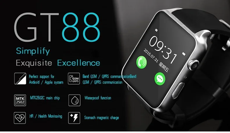 GT88 Bluetooth Smartwatch телефон наручные Смарт часы монитор сердечного ритма поддержка TF sim-карты для apple IOS Android OS