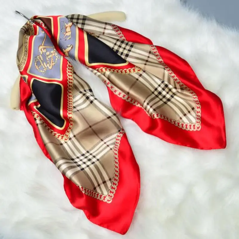 HANSCARF плед печатных атласный шелковый шарф женский квадратный шелковый шарф 90*90 модные шарфы и палантины шаль хиджаб платок - Цвет: Red Edge