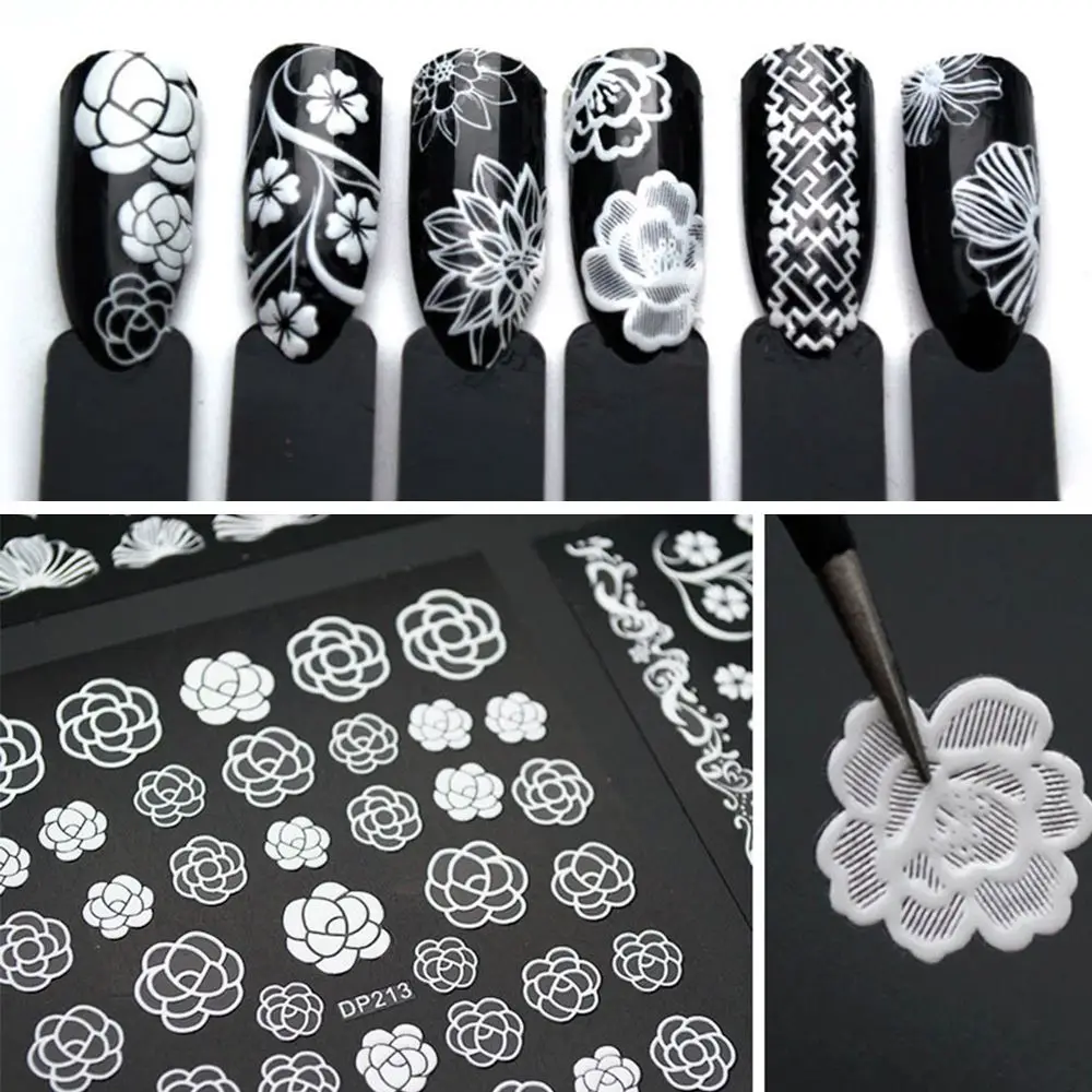 Белые цветы кружева стикеры 3D на ногти Nail Art украшения полоски 3D наклейки для ногтей самоклеющиеся DIY слайдер Дизайн Маникюр