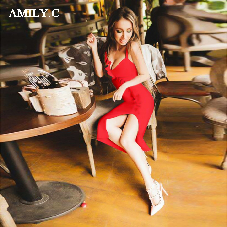 Amily.c 2020 New Spring Women Dress Strapless Sexy Bodycon Ruffle Bandage Celebrity Party Red Dresses Wholesale Vestidos | Женская