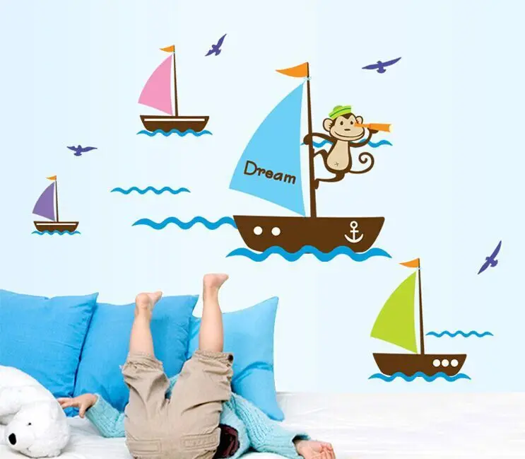 1Set Fashion Ocean Sail Boat Ship Monkey Wall Stickers Art Kids Room Decor Murals Decals PVC Vinyl Wallpaper AY7043 | Дом и сад