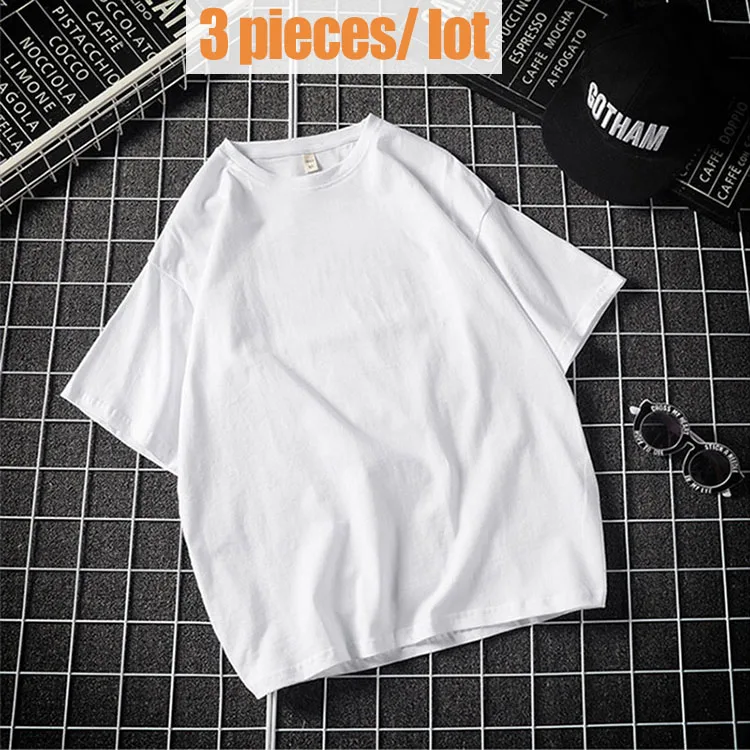White-3 pieces Распродажа, упаковка из 3 повседневных однотонных хлопковых футболок, мужские белые фиолетовые футболки с коротким рукавом, летние уличные футболки больших размеров BD129 - Цвет: White-3 pieces
