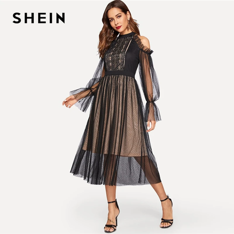 SHEIN Платье С Оборкой И Кружевом Платье С Открытым Плечом Кружевное Платье с Рюшами С Воротником-стойкой С Высокой Талией Элегантные Осенние Платья
