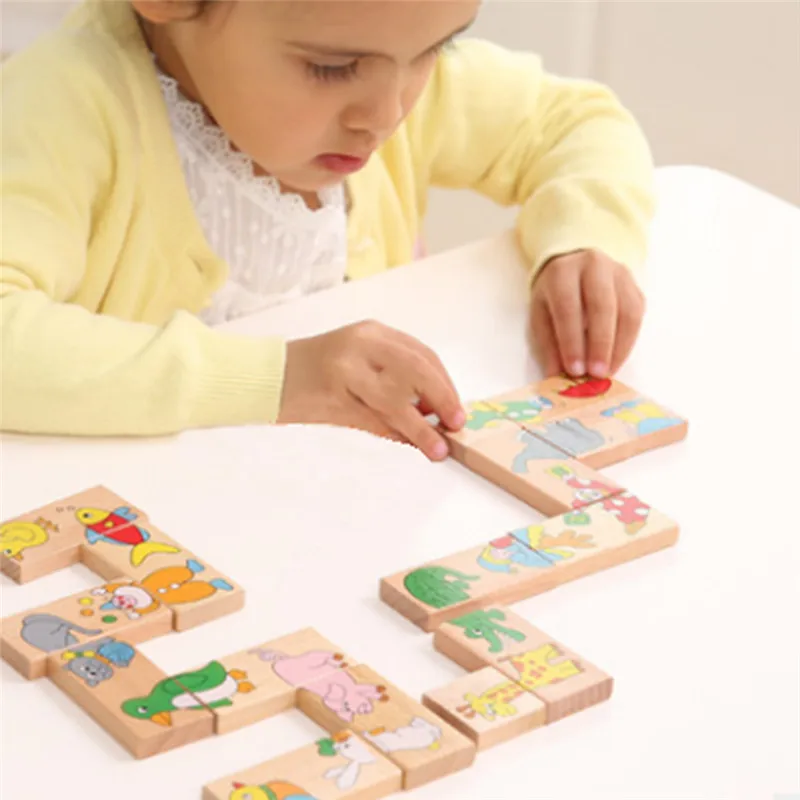 Деревянные игрушки для детей домино с животными 15 шт. строительные блоки