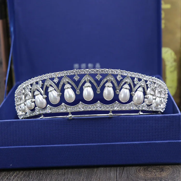 SLBRIDAL великолепные прозрачные свадебные диадемы с кубическим цирконием и жемчугом CZ свадебные королевские вечерние женские украшения для волос
