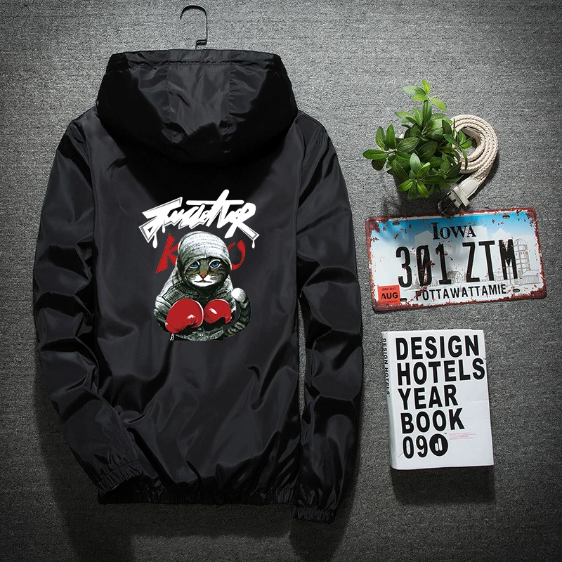 Весенне осенняя мужская Тонкая куртка с принтом кота кунг фу капюшоном тонкая