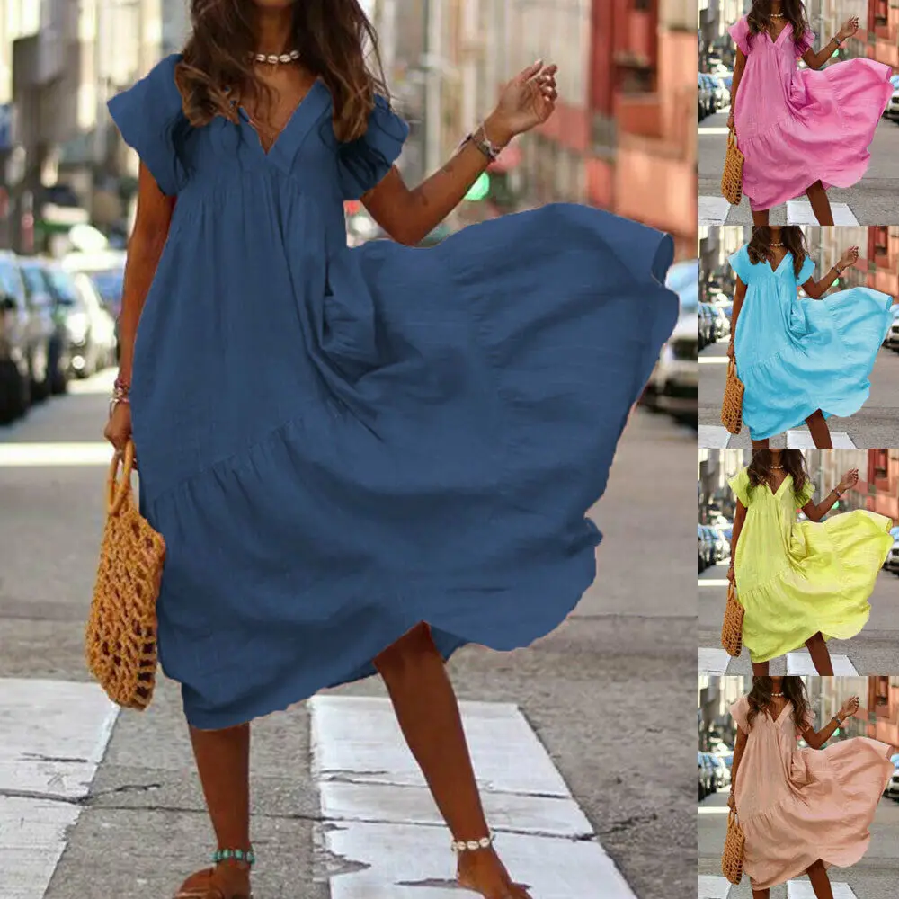 Женское свободное платье Макси Boho повседневное однотонное длинное с v образным