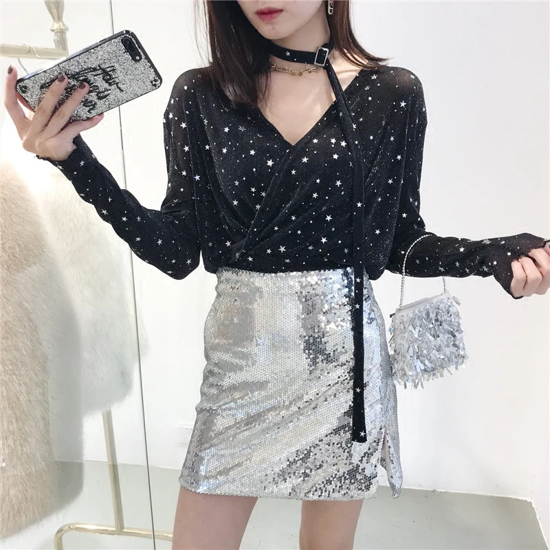 Sexy Top Black Slim Wrap T-shirts Women Sparkling stars Surplice Summer Tops 2018 Spring Long Sleeve Casual T-shirt Clothes | Женская