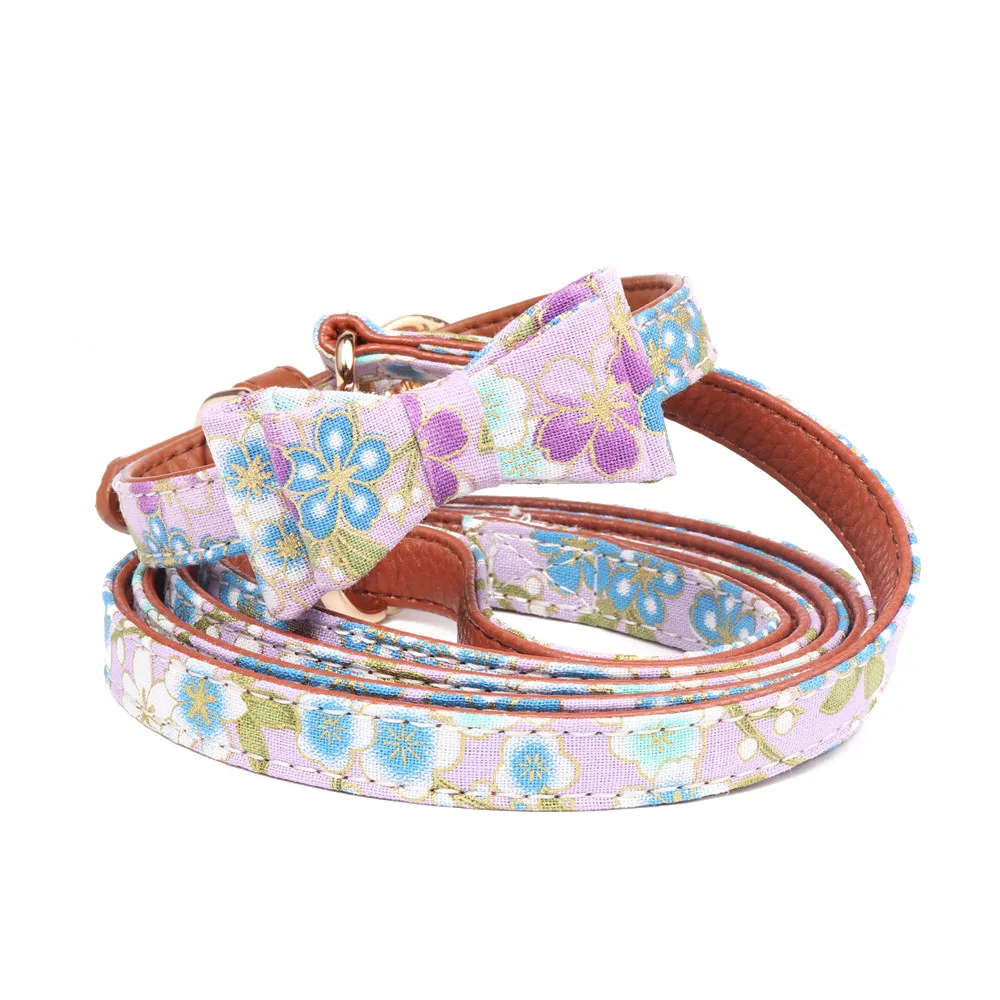 

Fashion Purple Flower Print Small Pets Dogs Collar Outdoor Walking Leads Leashes Puppy Cats Bowknot Collars Chihuahua Leash