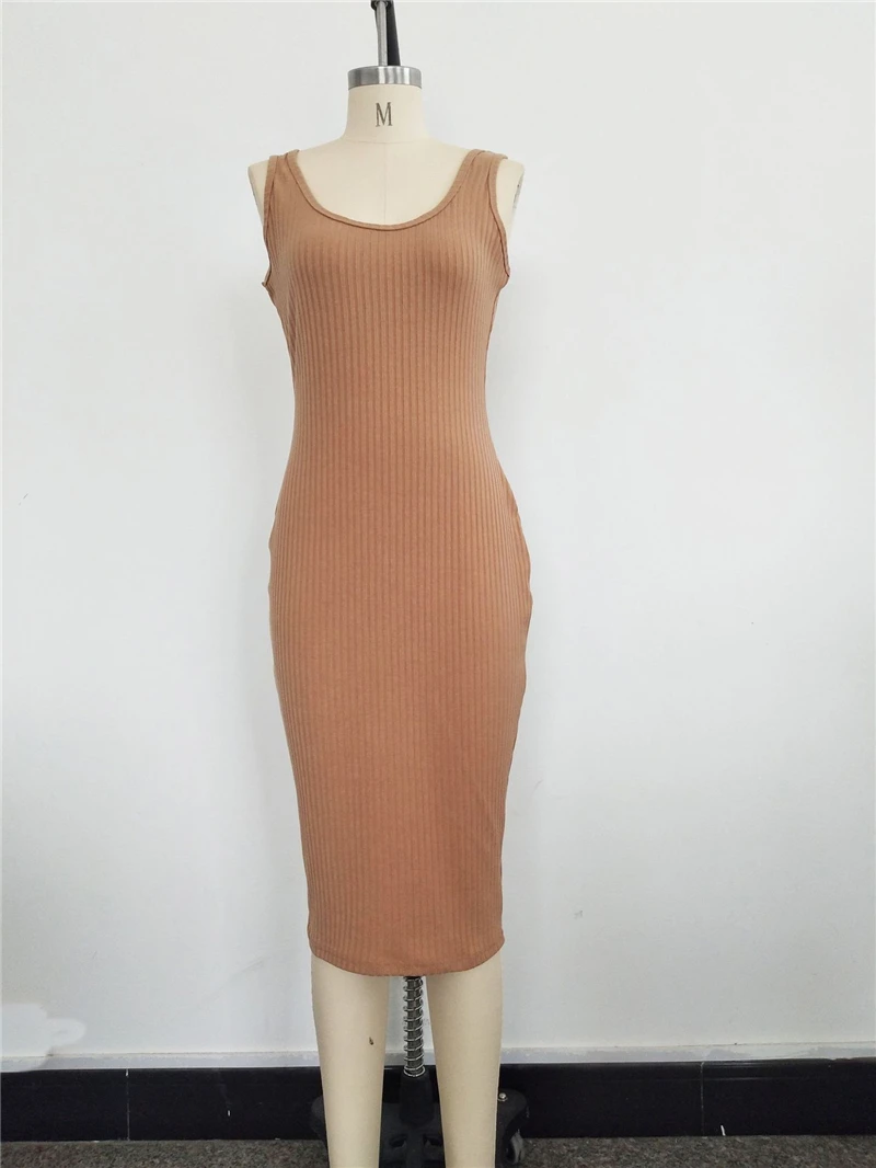 

Adogirl Solid Ribbed Tank Dress for Women O Neck Sleeveless Bodycon Midi Club Party Dresses Casual Vest Vestidos Knitted Dress
