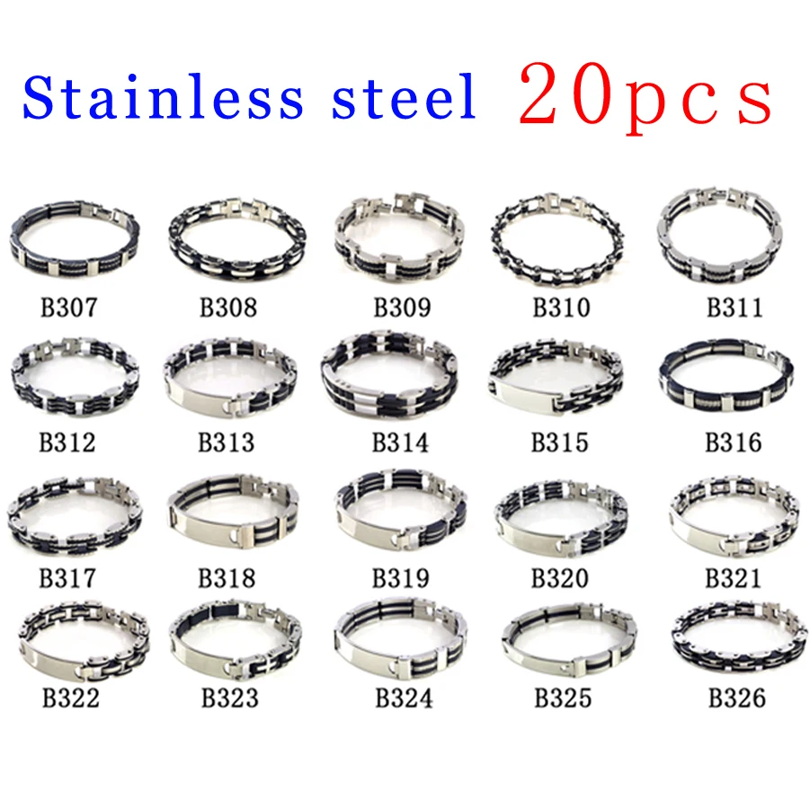 

20pcs/lot Rubber 316L Stainless Steel ID Bracelets Charm Men Bracelet jewelry Cross Band Mixed Kind Bangle Cuff Wholesale Free