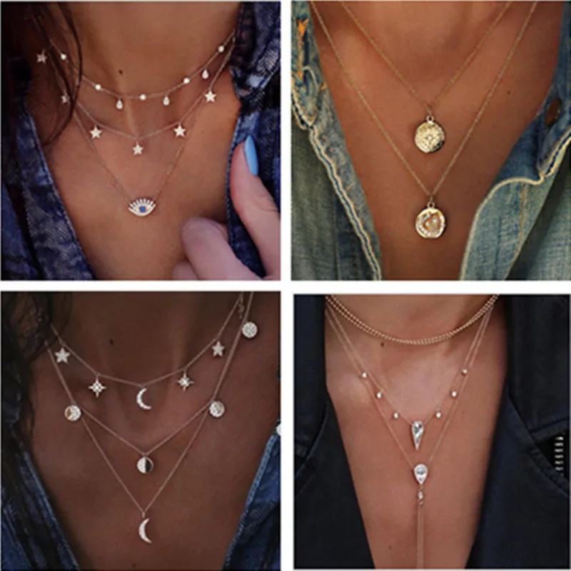 2019 новый уникальный кристалл глаз Крест Луна Металл Многоуровневая длинная цепь