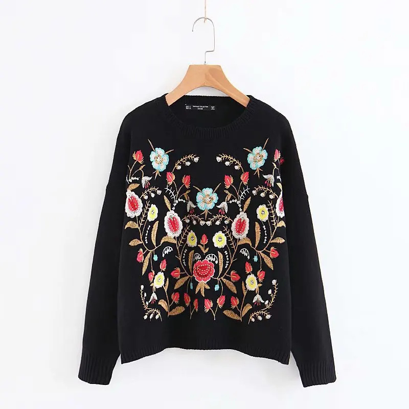 Осенний Женский Повседневный модный свитер с круглым вырезом и цветочной
