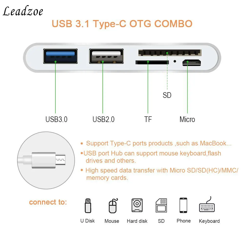 Leadzoe 5 in1 USB C концентратор Тип C SD устройство для считывания с tf-карт USB 3,0 концентраторы с микро USB Мощность Порты и разъёмы Разветвитель USB OTG Тип c концентратор USB